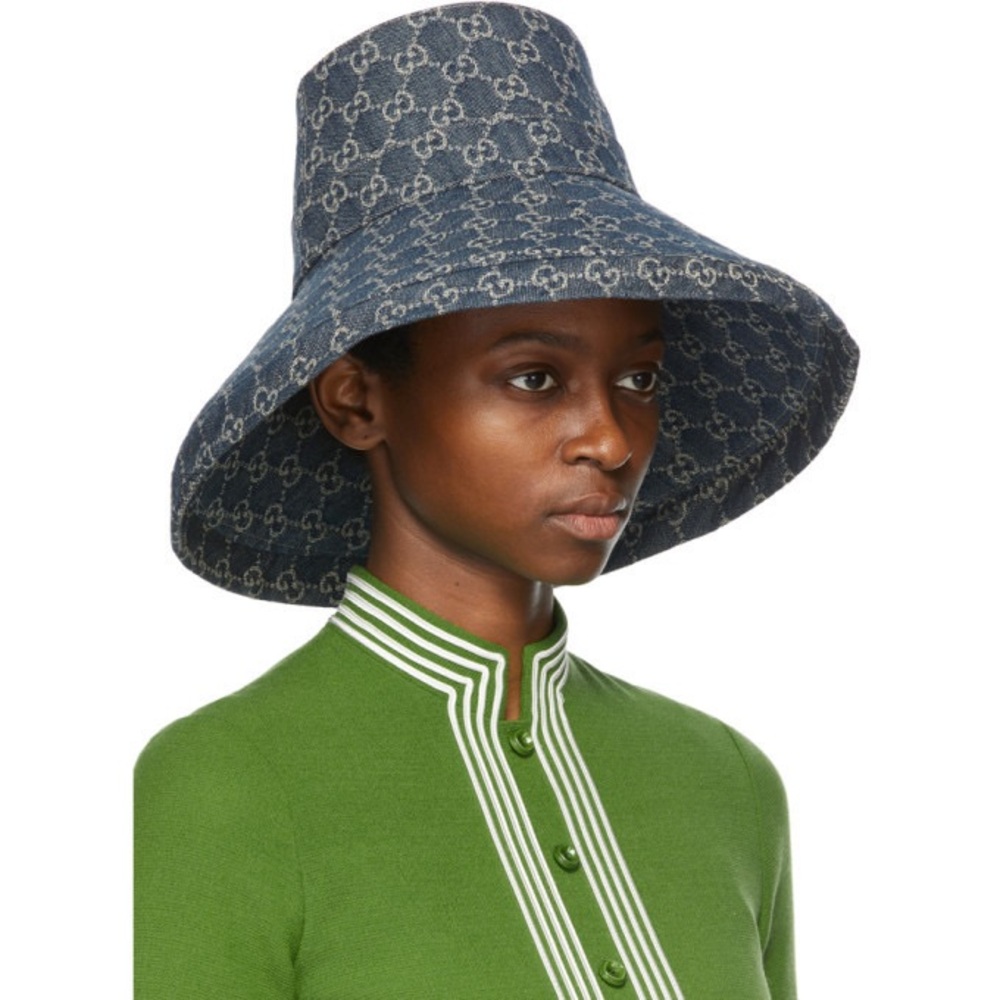 Navy Blue Jacquard Denim Monogram Wide Large Brim Bucket Hat Beach New Sun Cover - Picture 12 of 15